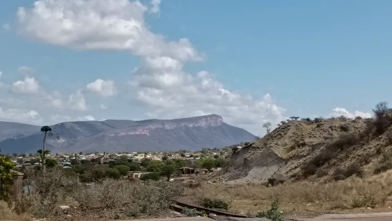Bush-covered slopes of historic mine waste on the right, a small town of low houses on the left, and a flat-topped hill on the horizon.